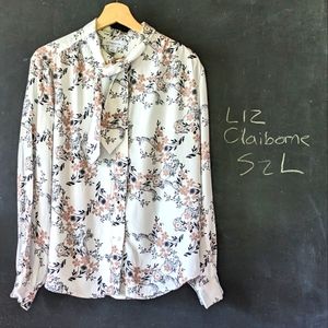 Liz Claiborne Button Rayon Blouse Top Sz L Floral Tie Neck